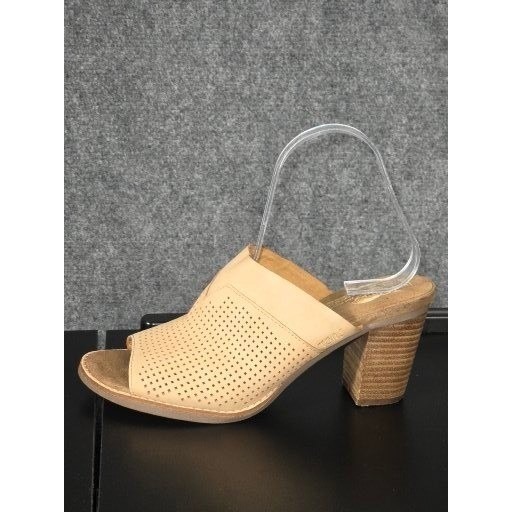 Toms Majorca Tan Leather Perforated Heeled Mule Sandals Womens 8 Open Toe Block